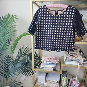 Ann Taylor Blue and Cream Eyelet Top